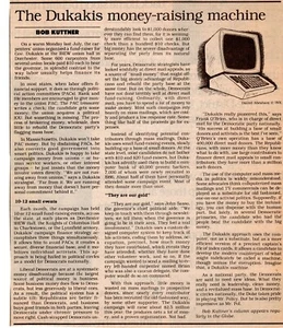 POLITICA ARTICLE (1988) "The Dukakis Money-Making Machine" Kuttner/Boston Globe - Picture 1 of 1