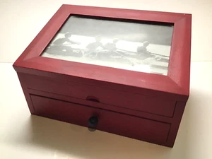 MELANNCO PHOTO HOLDER RED CHERRY WOOD BOX WITH DRAWER - 4X6 PICTURES - Picture 1 of 6