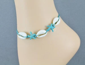 Starfish Cowrie shell anklet adjustable 5.5"-11" ankle bracelet aqua cord slide - Picture 1 of 8