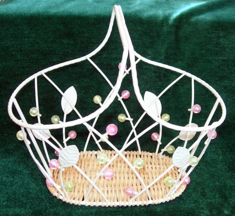 White Beaded Metal Wire Easter / Spring BASKET Oval Leaves Cover