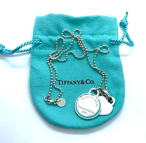 RETURN TO TIFFANY ROUND BLUE ENAMEL & HEART STERLING PENDANTS NECKLACE 18" - Picture 1 of 9