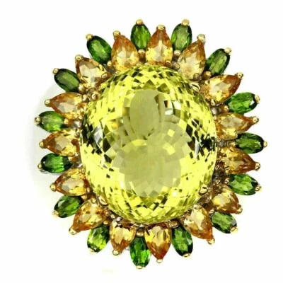 Silver Ring Lemon Quartz Citrine Chrome Diopside Genuine Gems Sterling T 1/2 - Image 1 of 4