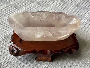 Vintage Rose Quartz Trinket Dish with Wooden Base, 3 7/8" Wide - Imagen 1 de 11
