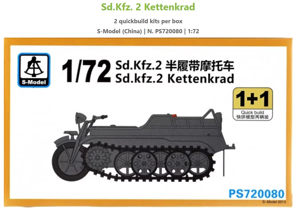 Sd.Kfz. 2 Kettenkrad 2 quickbuild kits per box S-Model (China)  N. PS720080 - Immagine 1 di 1