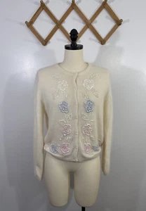 Vintage Cardigan Sweater Angora 1990s Beaded Cottage Medium - Picture 1 of 7