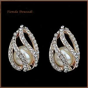 Earrings For Party Of Gold White Electro Silver " With Pearl And Zirconia Cz - Picture 1 of 3