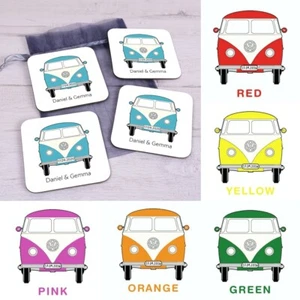 VW Campervan 4 Coasters Personalised Set - Hot Coffee Drinks Beer Mats Gift - Picture 1 of 13