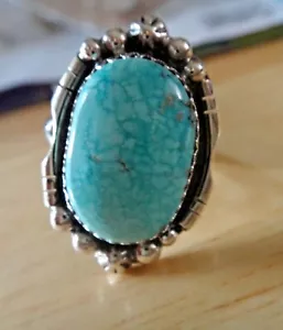 size 8 Sterling Silver 15x25mm 6g Kingman Blue Turquoise Handcrafted Navajo Ring - Picture 1 of 6