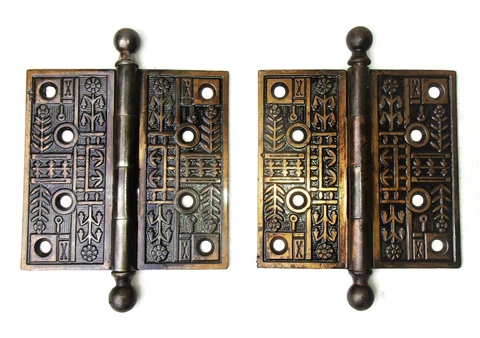 Pair Antique Ornate Eastlake Victorian Cast Iron Ball Tip Door Hinge 4.5" x 4.5" Cover