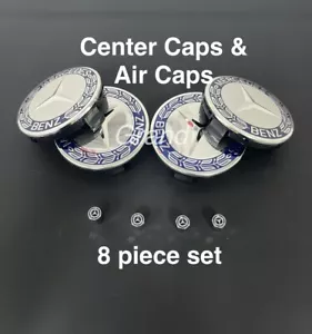 8 Piece BLUE / CHROME Set Fits Mercedes-Benz Wheel Center Caps & Tire Air Caps - Picture 1 of 7