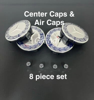 8 Piece BLUE / CHROME Set Fits Mercedes-Benz Wheel Center Caps & Tire Air Caps - Image 1 of 4