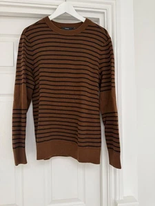 Theory Men’s Tan Brown & Black Striped Merino Wool Jumper Size M Worn Once - Picture 1 of 6