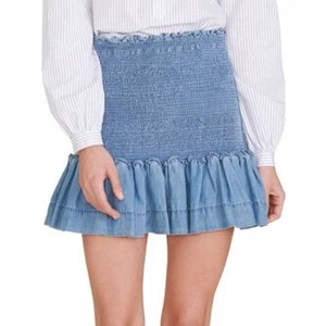 Veronica Beard Aloya Smocked Denim Ruffle Mini Skirt Size 4 Smocked Stretch - Picture 1 of 7