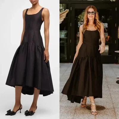 $495 NEW Alice + Olivia Diana High-low Midi Dress In Black. Size 8 - Image 1 of 4