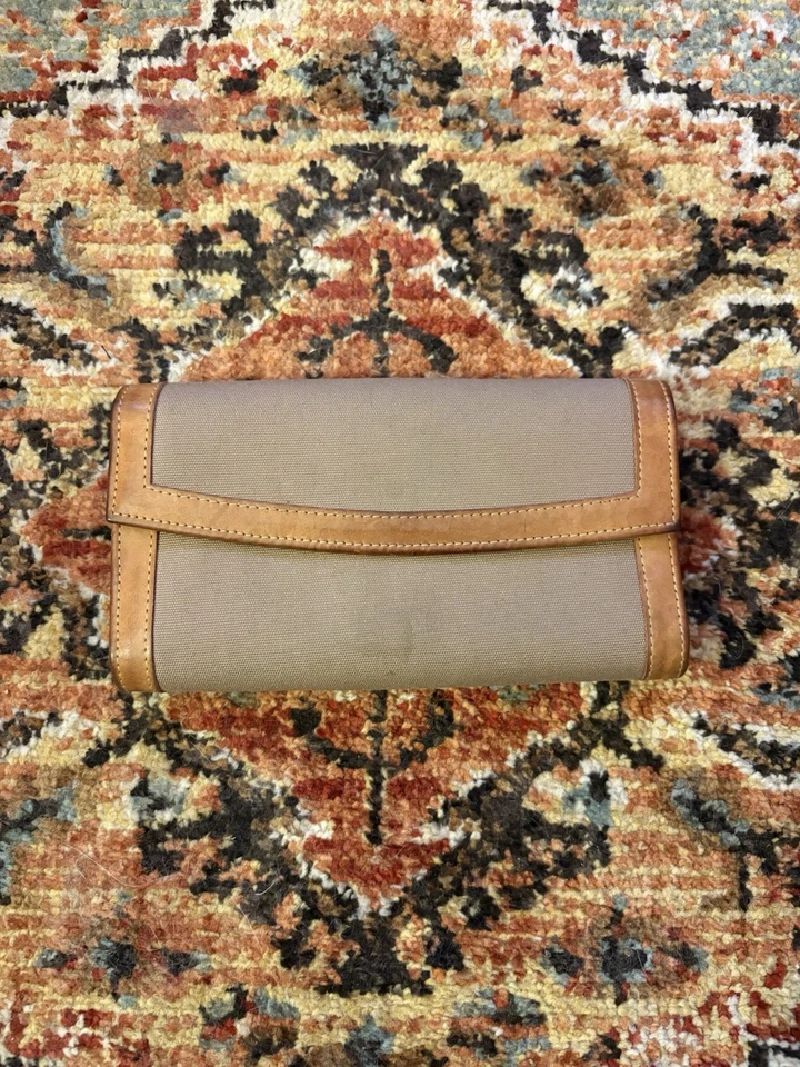 Dooney and Bourke Vintage Tri-Fold Wallet Beige/Brown Leather Checkbook ID Card - Image 1 of 4