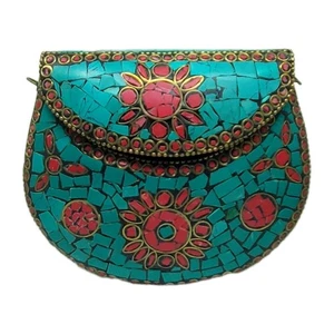 Vintage Retro Clutch/Purse~Brass, Turquoise & Coral Mosaic With Chain Strap - Picture 1 of 10
