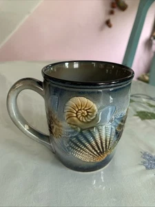Coffee Mug Seashell Coastal 90s Blue Embossed Stoneware Ocean Sea Beach Drink #1 - Picture 1 of 7