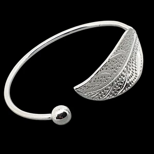 Bangle Bracelet Open Leaf Elegant Boho Silver Plated Adjustable - Picture 1 of 22