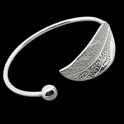 Bangle Bracelet Open Leaf Elegant Boho Silver Plated Adjustable — 第 1/4 张图片