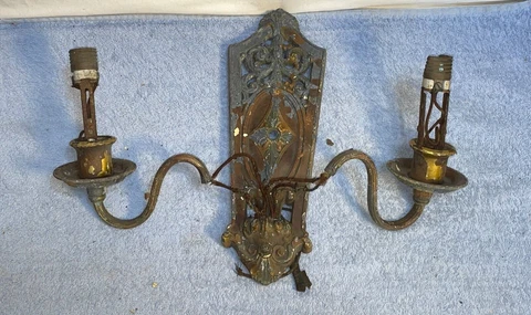 Vintage Antique S-A Cast Pot Metal Pewter DOUBLE light WALL SCONCE Orig Paint Cover