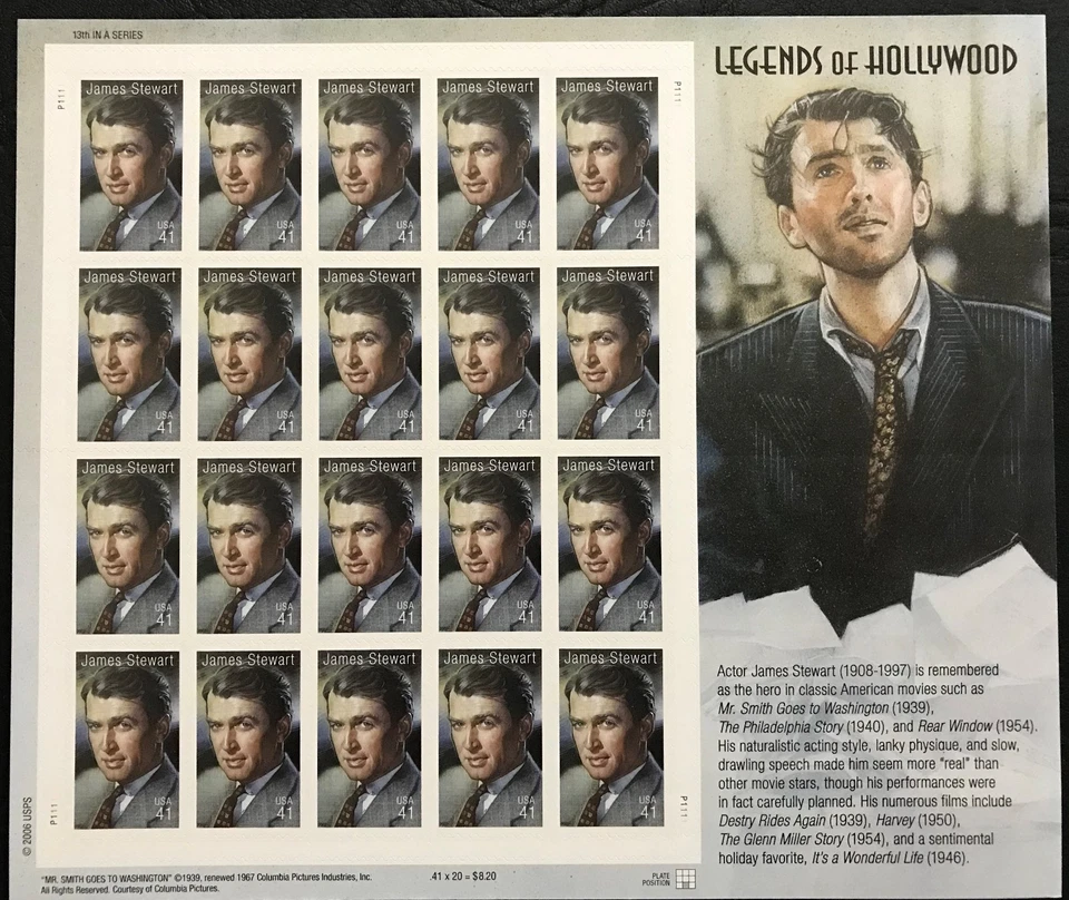 2007 Scott #4197 - 41¢ - JAMES STEWART - HOLLYWOOD LEGEND - Sheet of 20 - MNH - Image 1 of 1