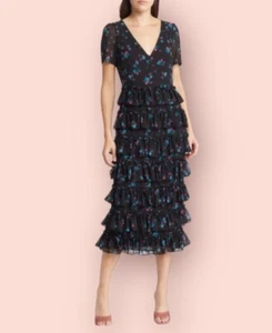 WAYF Womens Darlene Tiered Ruffled Short Sleeve Black Floral Midi Dress Large - Picture 1 of 16