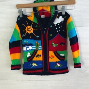 Lucy Iburg - Handmade Peru - Bright kids’ hoodie sweater, sz 4 - Picture 1 of 2