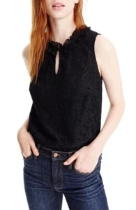 J Crew Women's Lace Ruffle Neck Top in Black Size XS Sleeveless Blouse Keyhole - Picture 1 of 3
