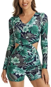 Women Floral One Piece Bathing Suit Long Sleeve Zip Athletic Boyleg Rash Guard - Picture 1 of 8