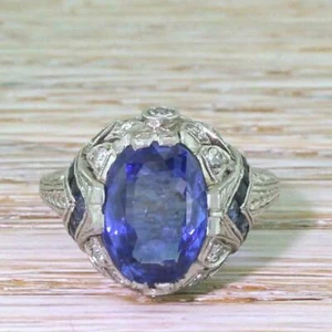 Art Deco Solitär Ehering 5 Karat Ceylon blau Kissenschliff Saphir um 1925 - Bild 1 von 6