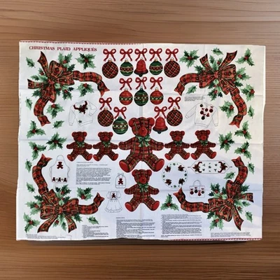 Vintage Christmas Plaid Red Green Traditional Bears Bows Holly Cotton Appliqués - Image 1 of 4