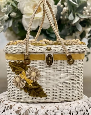 Vintage Midas Of Miami Rare Style Jeweled Flowers Velvet Wicker Basket Purse Foto 1 de 4