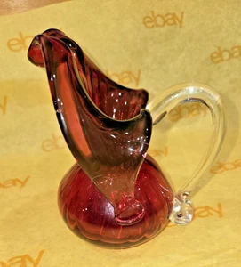 Murano Ruby Red Hand Blown Art Glass Pitcher Vase Clear Handle Italy 5" - Picture 1 of 5