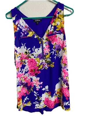 Camiseta sin mangas Express azul multicolor floral rayón, L cremallera frontal Foto 1 de 4