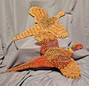 Vintage Set Handmade Folk Art Seed Bean Pheasant Mosaic Art Hen and Rooster - Picture 1 of 6
