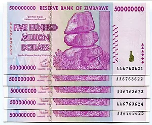 Zimbabwe 500 Million Dollars 2008 UNC P82 AA x 5 Notes from 100 Trillion Series - Picture 1 of 3