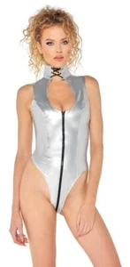 Damen Lack Body silber S-XL Bodysuit Wetlook Glanz Reißverschluss Party o2840774 - Bild 1 von 10