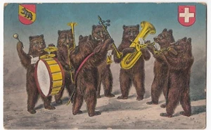 Animals; Anthropomorphic Swiss Bears, Brass Band, Berne Crest PC 1914 Slogan PMK - Picture 1 of 2