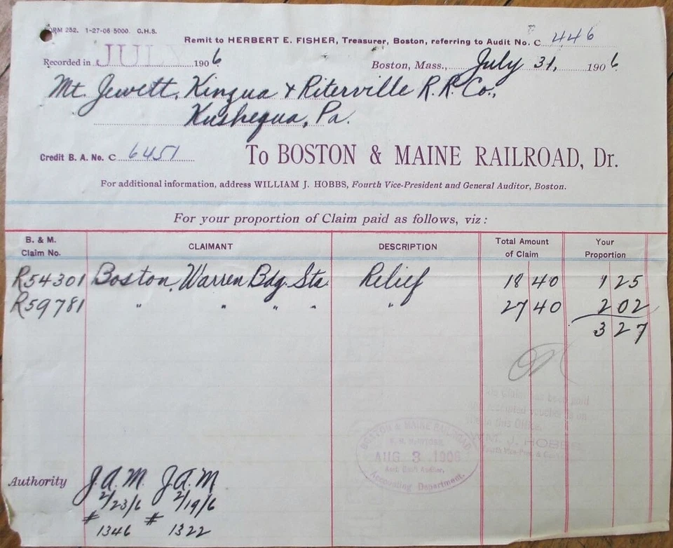 Boston and Maine Railroad 1906 Document Letterhead, MA ME - Image 1 of 1