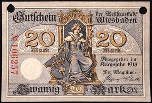 WIESBADEN 1918 RARE 20 Mark Grossnotgeld German Notgeld Banknote Queen Throne - Picture 1 of 2