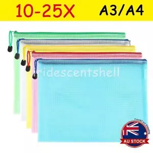 10/25PCS Mesh Document Bag A3/A4 Size Durable Plastic Zipper File Wallet Rope AU - Picture 1 of 14