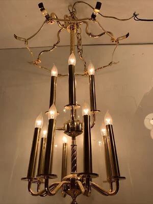 Large Polished Brass 2 Tier Candelabra Foyer Chandelier 12 Lights 32” - Image 1 of 4