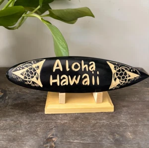 Hawaiian Hand Made 8" Carved Wood Surfboard w/ Display Stand ALOHA HAWAII Honu - Picture 1 of 6