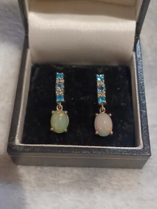 925 Sterling Silver Drop Earrings Opals and White Zircon Blue Gemstones - Picture 1 of 8