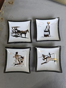 Mid Century Mdern BLACK & GOLD Miniture African Print Sause Trinket Dishes Tray - Picture 1 of 9