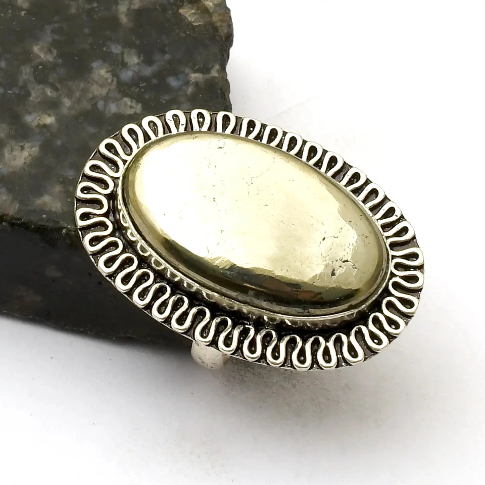 Joia anel étnica feita à mão com pedra preciosa pirita Apache para presente tamanho EUA-8 AR 41814 - Imagem 1 de 1