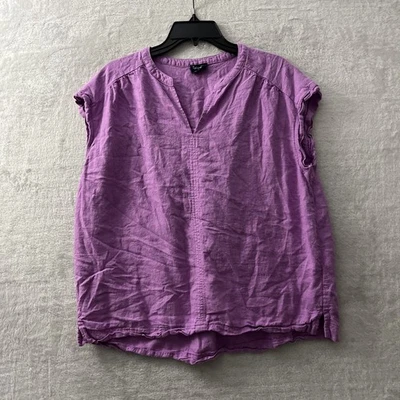 Splendid Womans Blouse Top Purple Solid Large Linen Blend Short Sleeve V Neck - Image 1 of 4