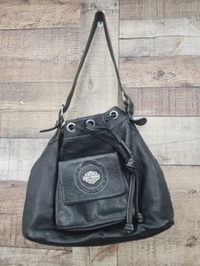 Black Harley-Davidson Drawsting Leather Purse Magnetic Pouch Zipper Closure - Picture 1 of 5