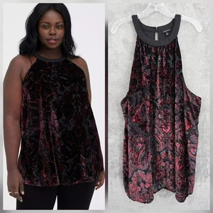 Torrid Halter Tunic Tank 4 Burnout Velvet Paisley Black Red Whimsy Goth Witchy - Picture 1 of 11
