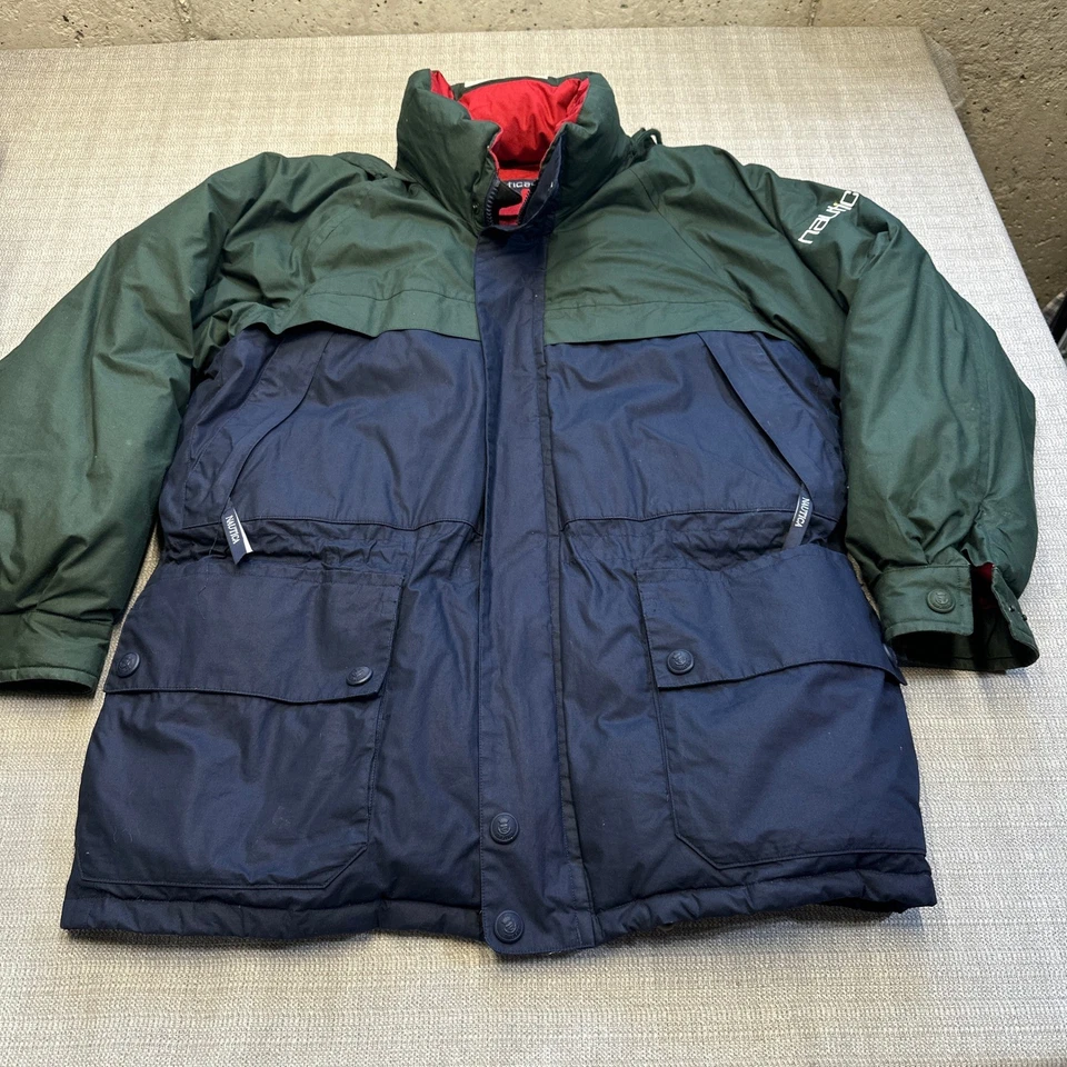 Vintage Nautical Down Puffer Jacket Mens Large Colorblock Blue Green Parka Retro - Image 1 of 4